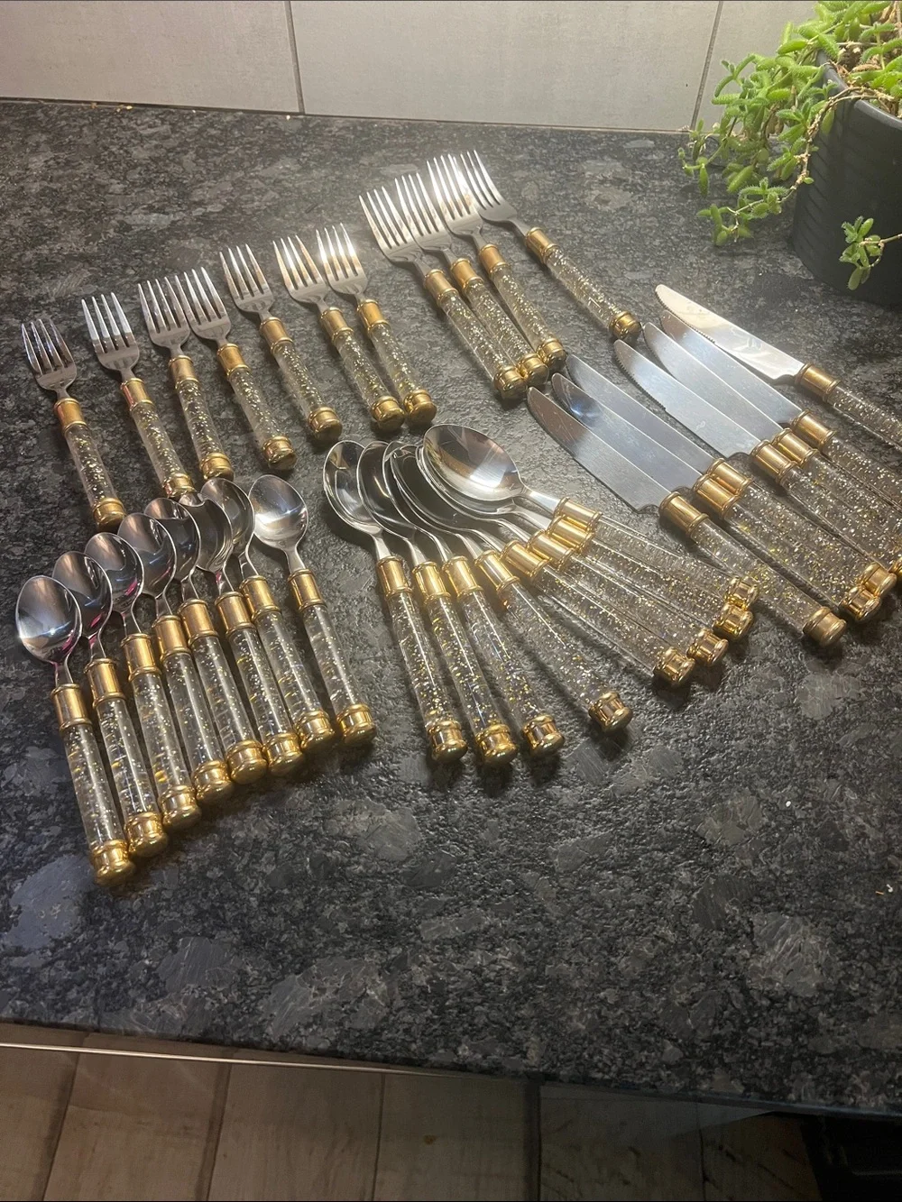 34 pieces MCM Stainless Lucite Handle with Gold Accent Flatware Set -